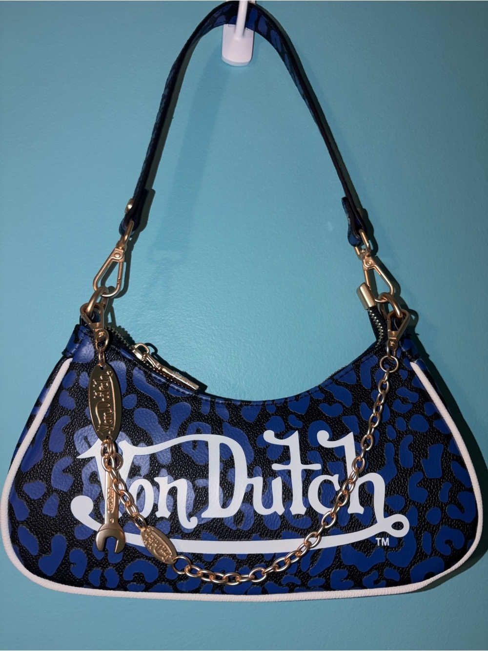 Von Dutch Blue and Black Cheetah Print Logo Charm Chain Shoulder Bag NWOT